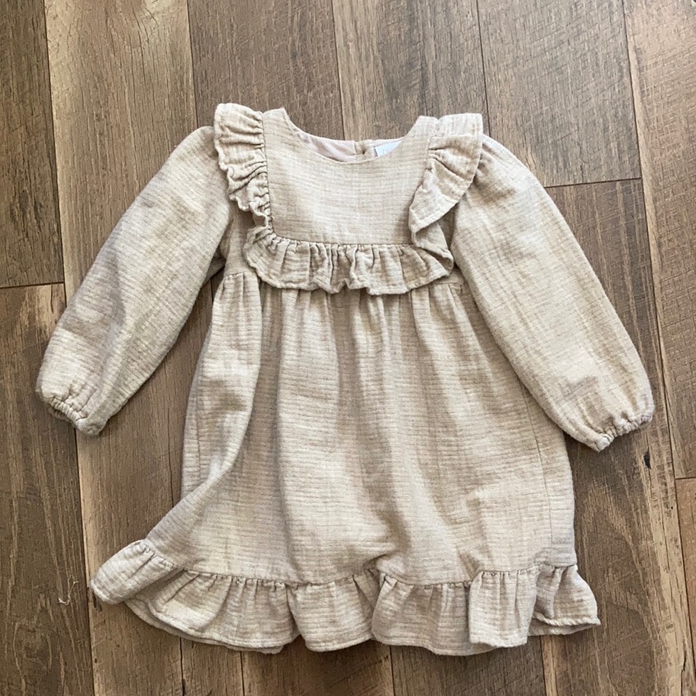 Zara Beige Ruffle Long-Sleeve Casual Dress